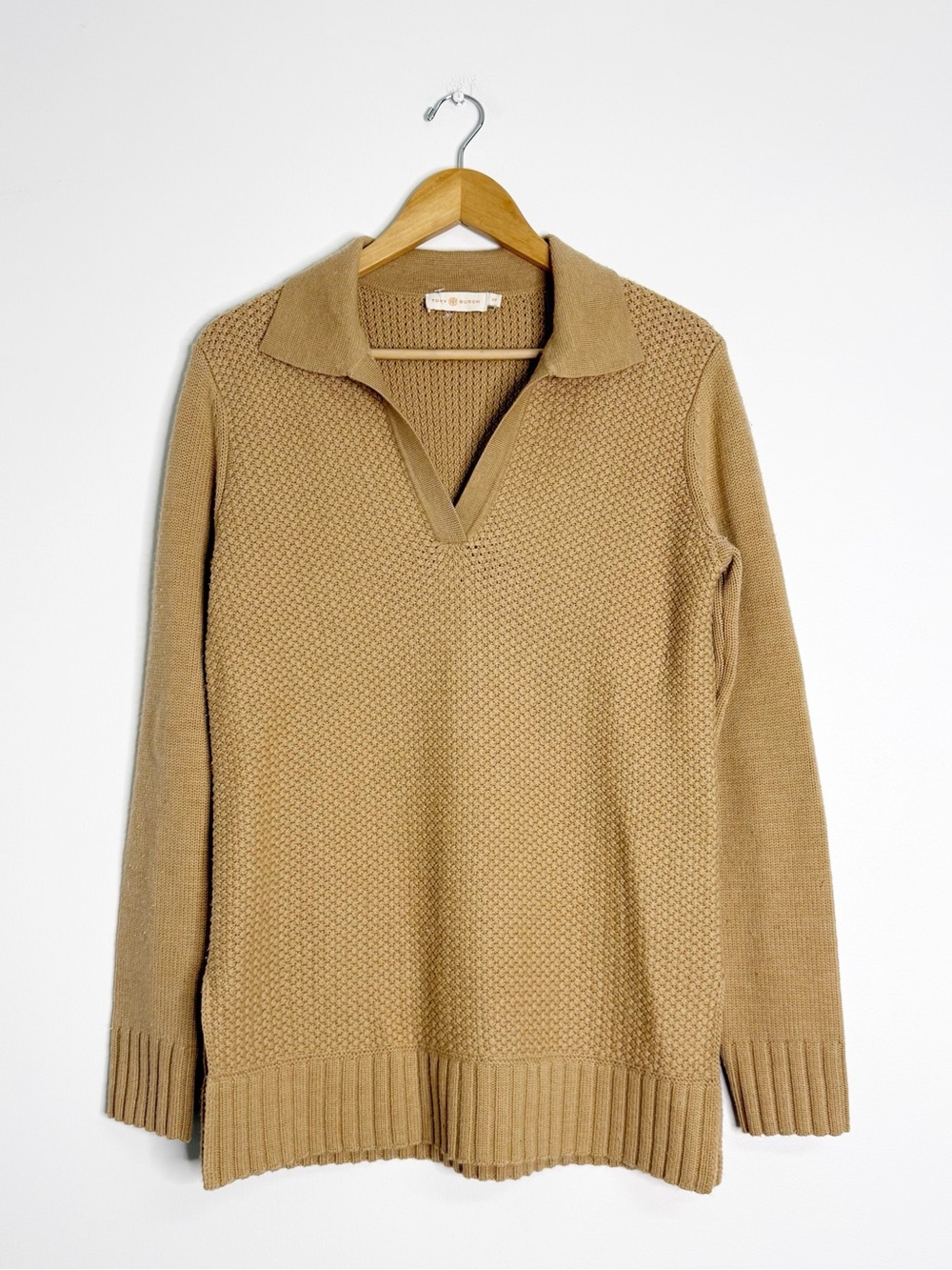 Tory Burch 100% Wool Tan Textured Knit Collared Sweater Size Small